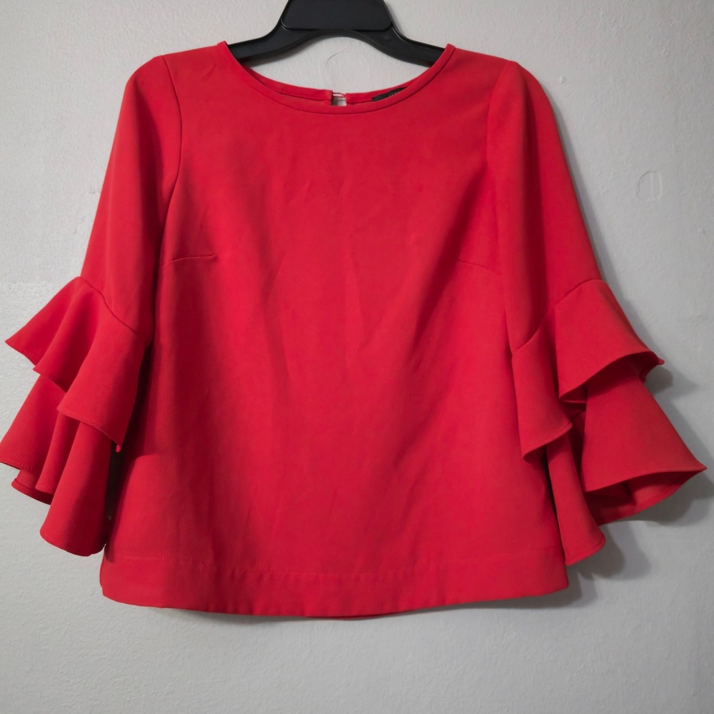 J.Crew Red Tiered Ruffle Sleeve Blouse Top H4409 Petite 2P